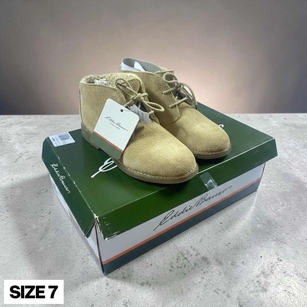 NEW Eddie Bauer Tan Suede Ankle Boot Lace Up Faux Shearling Lining Womens Size 7